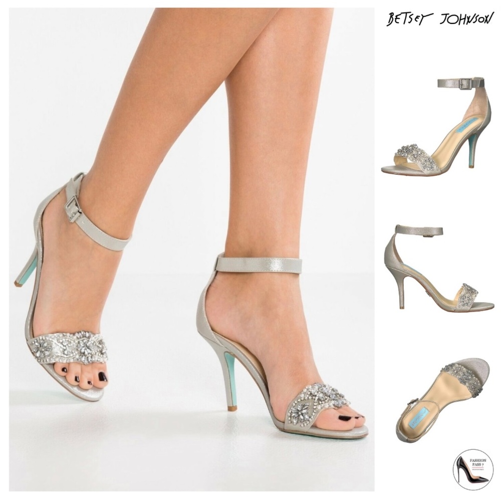 Betsey Johnson Gina Jeweled Ankle Strap Dress Sandals Silver Satin Stiletto Heel - Picture 2 of 14